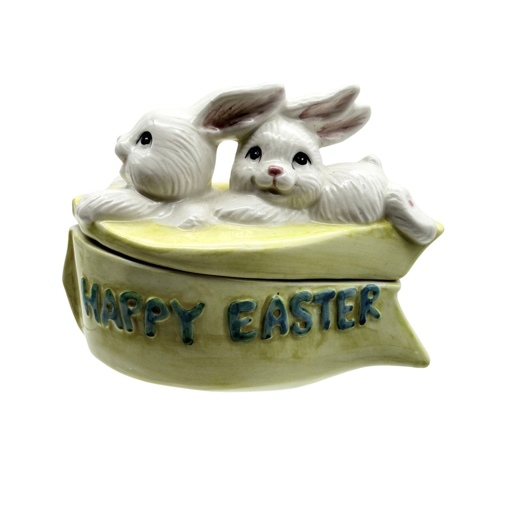 VTG OCI Happy Easter Rapid Rabbits Ceramic Trinket Box Lidded Candy Dish